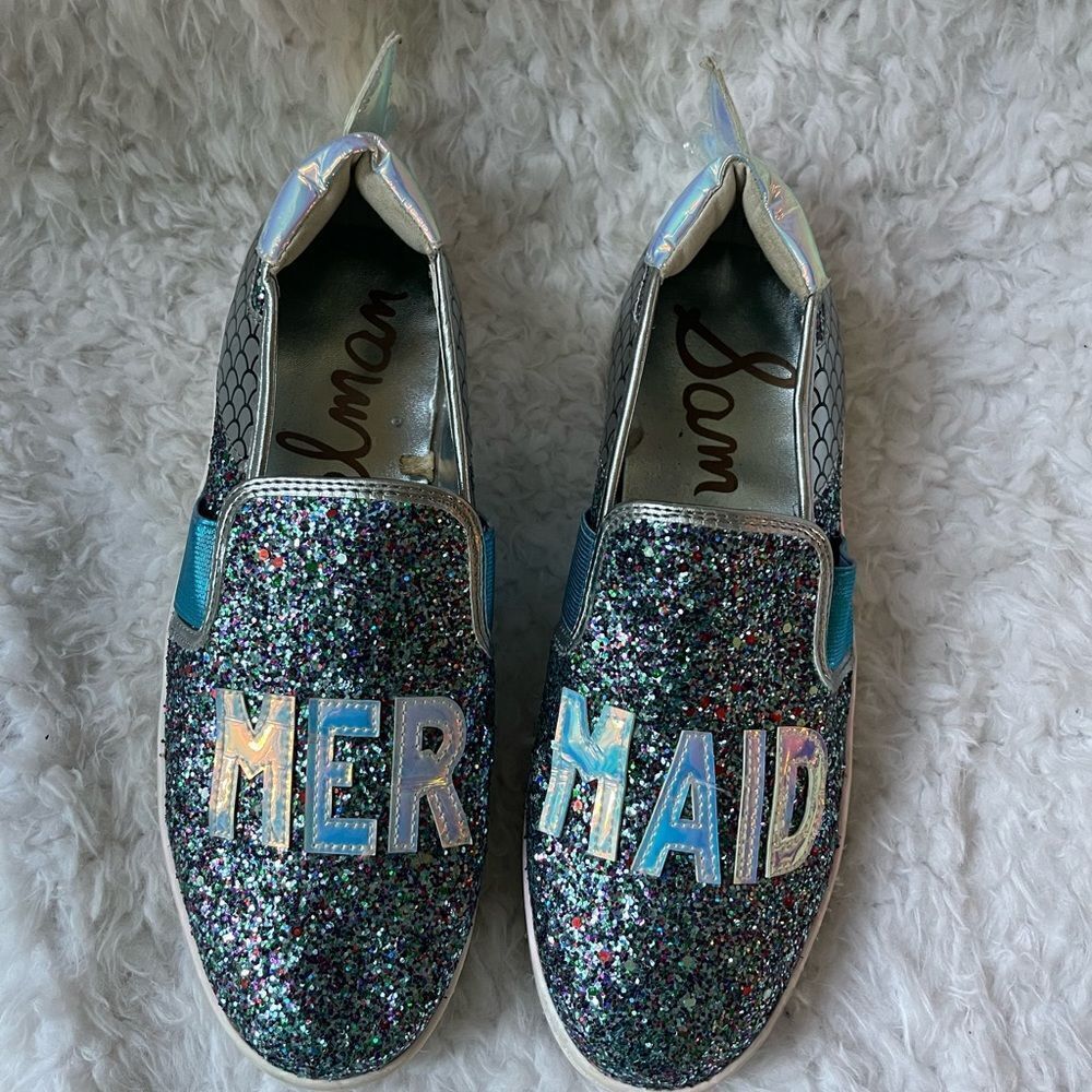 Sam Edelman Big Girl Mermaid Metallic silver and Blue glitter sneakers SZ 5
